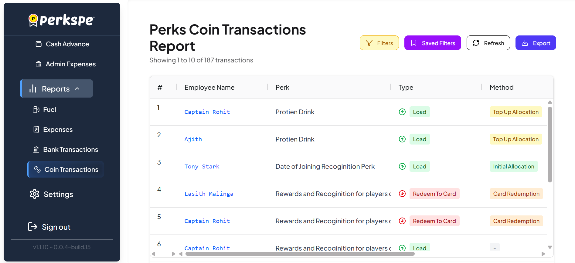 Perks Coin Transactions Report