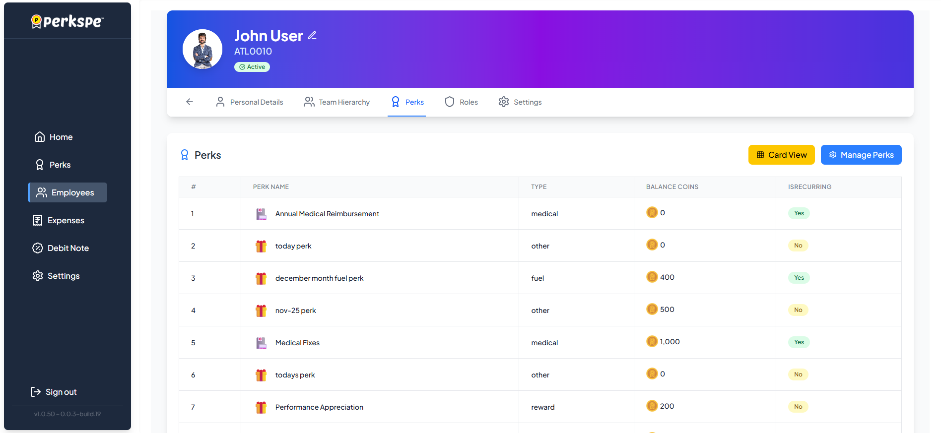 Employee Perks Table View