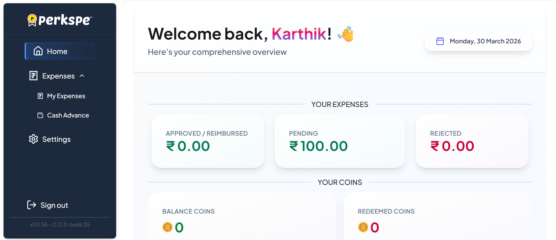 Dashboard Welcome - Personalized greeting with expense summary and coin balance