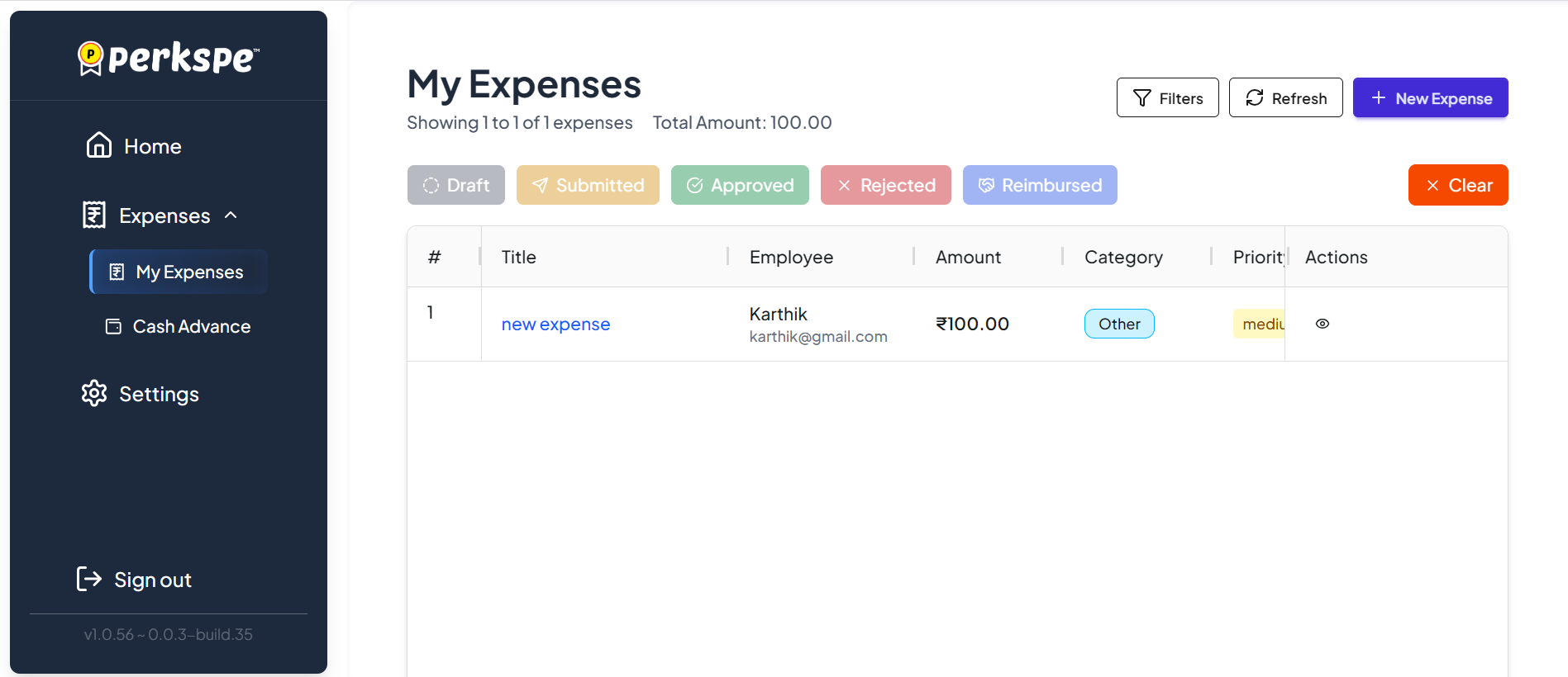 My Expenses List - View all expenses with status tabs, filters, and detailed information